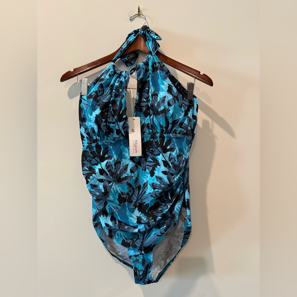 FitGlam Vibrant Blue Floral Halter One piece Swimsuit Size XL